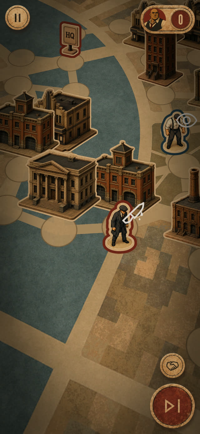 Isometric city map with a Gangster capturing ground near a landmark building