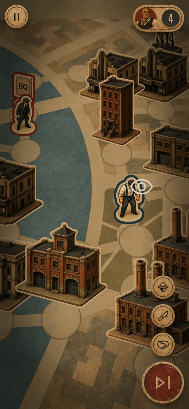 Isometric city map with a Gangster about to reveal an opponent